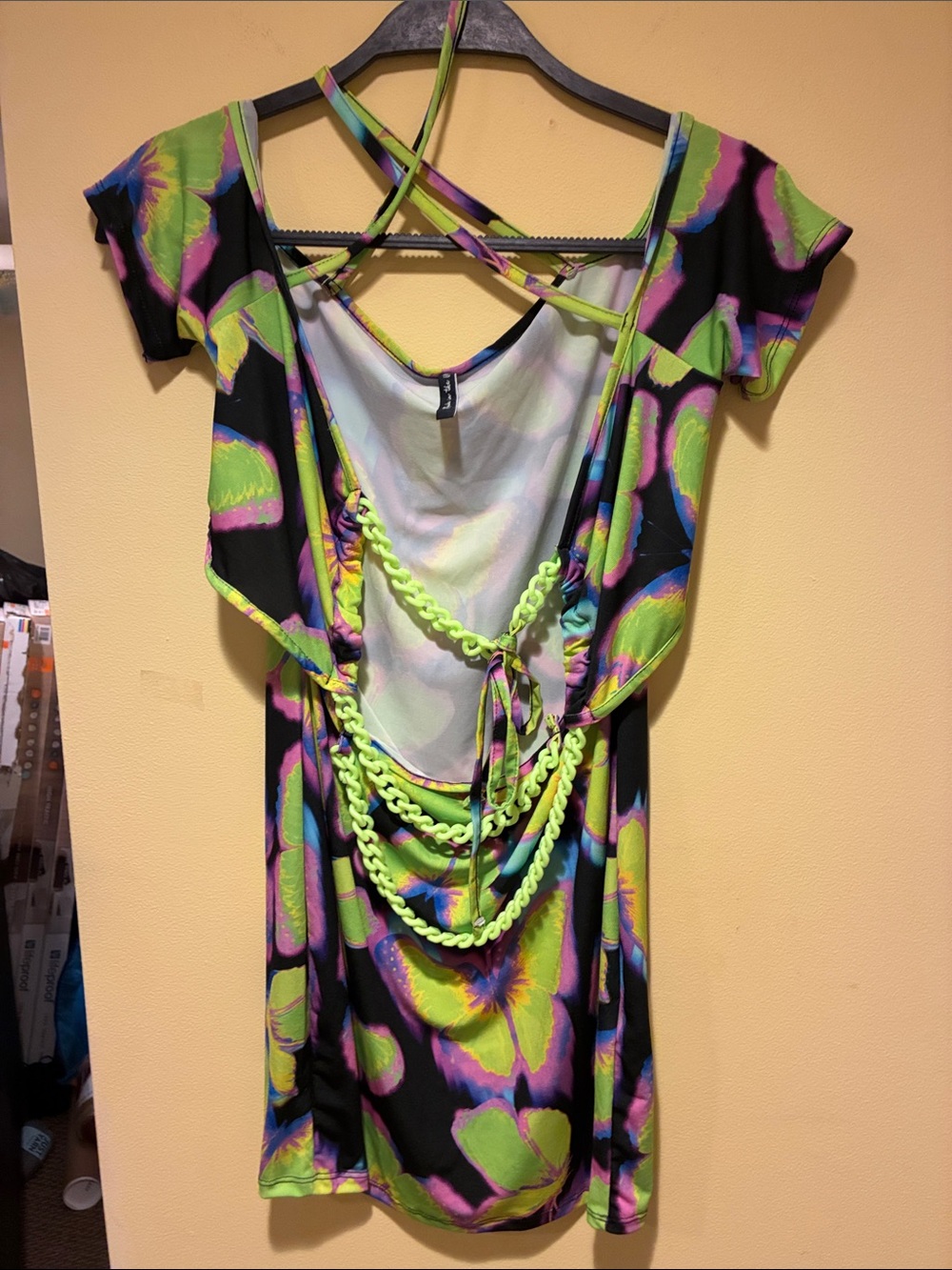 Neon Floral Mini Dress with Chain-Front Detail - Green & Black Rave Dress Sz 10